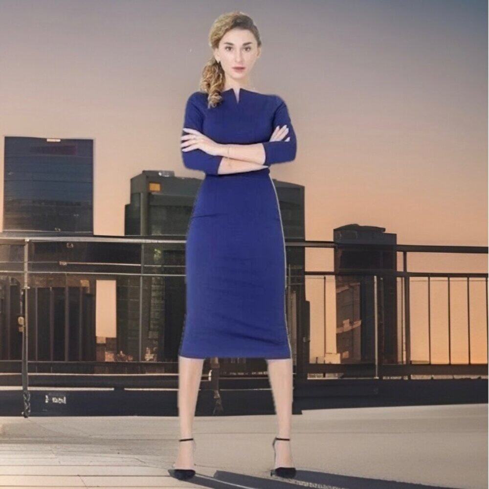 Marycrafts Women Navy Square Neck Midi Sheath Work Office Dress Size 14